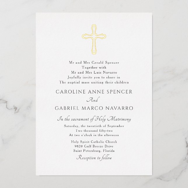 Invitación Con Relieve Metalizado Minimalist Catholic Mass Wedding (Anverso)