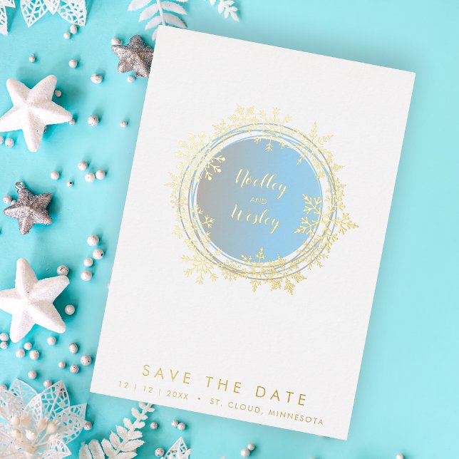 Invitación Con Relieve Metalizado Minimalist Golden & Blue Snowflake Winter  (Subido por el creador)