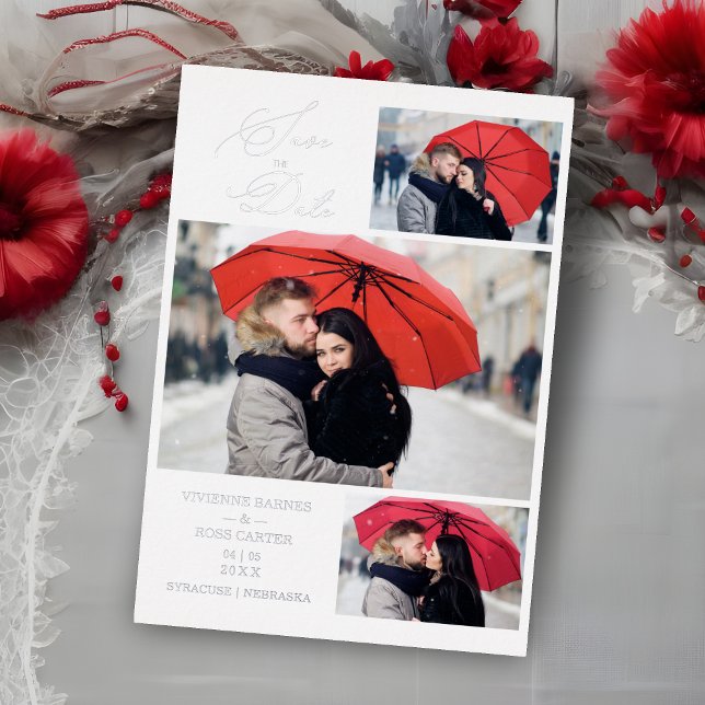 Invitación Con Relieve Metalizado Minimalist Luxury 3 Photos Wedding Silver  (Wedding Silver Minimalist Luxury 3 Photos Real Foil Save the Date Card with Envelope.)