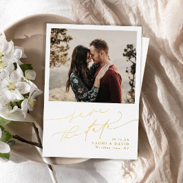 Invitación Con Relieve Metalizado Minimalist Modern Chic Script Photo Save The Date