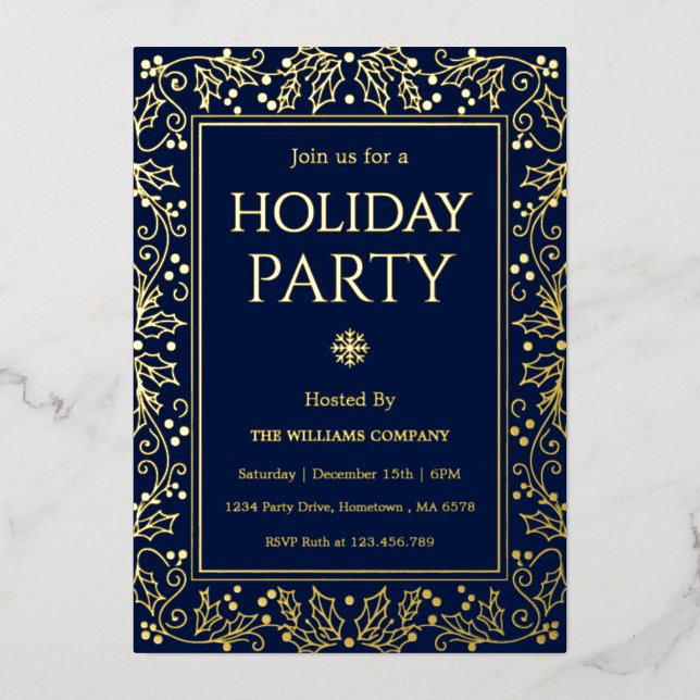 Invitación Con Relieve Metalizado Minimalist Navy Blue & Gold Holiday Gathering (Anverso)