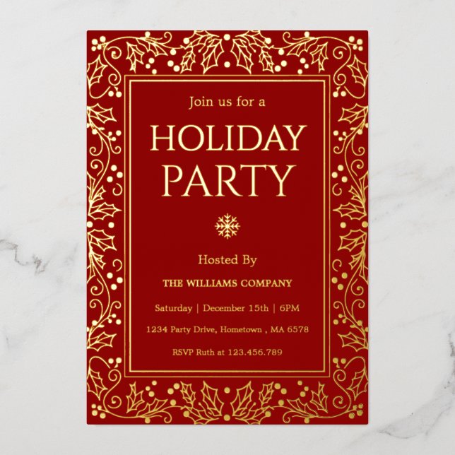 Invitación Con Relieve Metalizado Minimalist Red & Gold Holiday Gathering (Anverso)