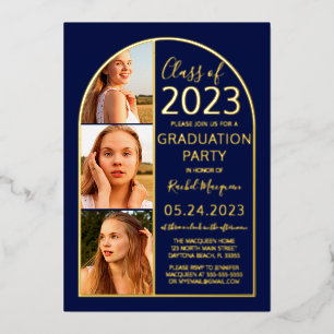 Invitación Con Relieve Metalizado Minimalista Arco de Oro Real Azul Foto Graduación