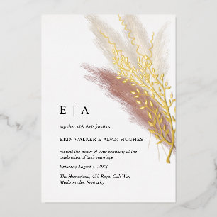 Invitación Con Relieve Metalizado Minimalista Boho Rosa Dorado Hierba de Pampas Oro 