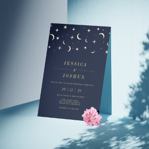 Invitación Con Relieve Metalizado Minimalista Celestial Estrella Luna Elegante Azul