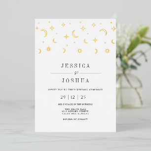 Invitación Con Relieve Metalizado Minimalista Celestial Estrella Luna Mística Elegan