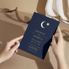 Invitación Con Relieve Metalizado Minimalista Celestial Estrella Naval Luna Hoja Dor