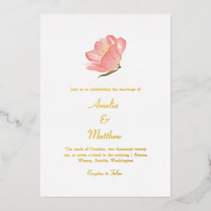Invitación Con Relieve Metalizado Minimalista Floral Acuarela Rosa Boda Oro