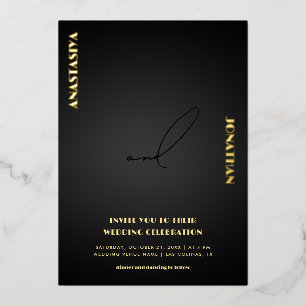 Invitación Con Relieve Metalizado Minimalista guión elegante negro Boda oscuro real