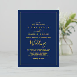 Invitación Con Relieve Metalizado Minimalista Hoja de Oro | Boda Azul Marino