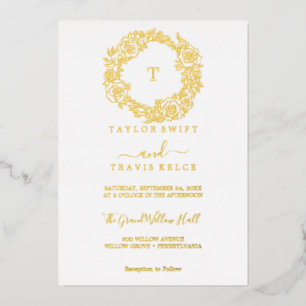 Invitación Con Relieve Metalizado Minimalista Hoja de Oro Monograma Esmeralda Boda