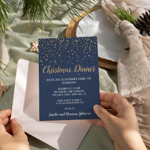 Invitación Con Relieve Metalizado Minimalista moderno Azul Navidad Cena Oro