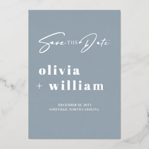 Invitación Con Relieve Metalizado Minimalista moderno azul polvoriento plata guardar