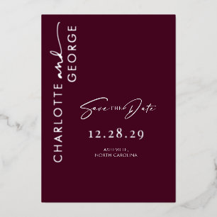 Invitación Con Relieve Metalizado Minimalista moderno burgundy plata salvar la fecha