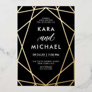 Invitación Con Relieve Metalizado Minimalista moderno dorado sobre negro Boda