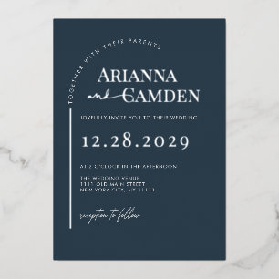 Invitación Con Relieve Metalizado Minimalista Moderno Elegante Boda Azul Navy Plata
