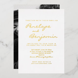Invitación Con Relieve Metalizado Minimalista Moderno Elegante Foto Boda Oro