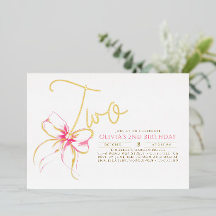 Invitación Con Relieve Metalizado Minimalista moderno elegante lazo rosa 2 cumpleaño