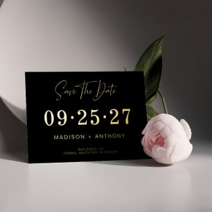 Invitación Con Relieve Metalizado Minimalista Moderno Negro Dorado Guardar La Fecha