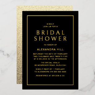 Invitación Con Relieve Metalizado Minimalista Moderno Negro y Oro Ducha de Novia Dor