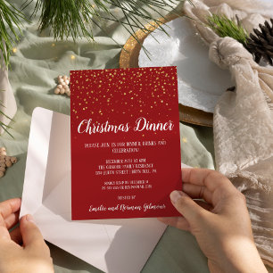 Invitación Con Relieve Metalizado Minimalista Moderno Rojo Cena de Navidad en Oro