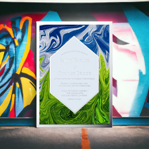Invitación Con Relieve Metalizado Minimalista Paisaje Abstracto Boda Cielo Azul Verd
