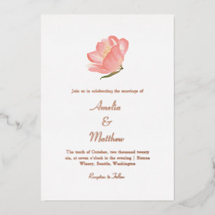 Invitación Con Relieve Metalizado Minimalista Rosa Acuarela Floral Boda Rose Gold
