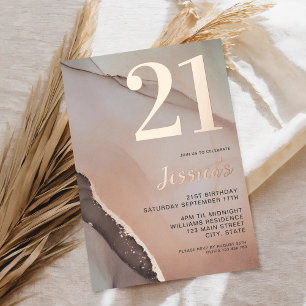 Invitación Con Relieve Metalizado Minimalista Rosa Dorado Chic Acuarela Cumpleaños 2