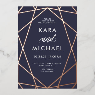 Invitación Con Relieve Metalizado Minimalista Rosa Dorado Moderna sobre Azul Oscuro