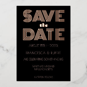 Invitación Con Relieve Metalizado Minimalista Save The Date Art Deco de oro rosa y n