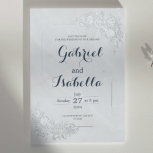 Invitación Con Relieve Metalizado Minimalista Save The Date de mármol blanco azul ma
