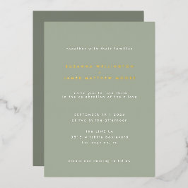 Invitación Con Relieve Metalizado Minimalista Verde Salvia Moderno Boda Real Oro