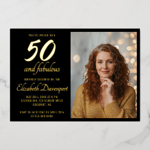 Invitación Con Relieve Metalizado Mínimo 50 y Fabuloso Cumpleaños Foto Dorada
