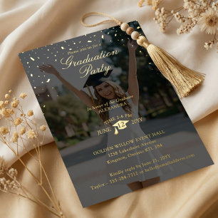 Invitación Con Relieve Metalizado Mínimo Confeti Negrita Año de Graduación Foto Fies