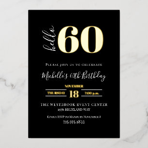 Invitación Con Relieve Metalizado Mínimo Hola 60 Script Cumpleaños 60 Negro Dorado