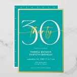 Invitación Con Relieve Metalizado Mínimo moderno Aqua Treinta Guiones Cumpleaños<br><div class="desc">Moderna y moda, esta invitación de cumpleaños combina el agua y el blanco clásicos con acentos de verdadero Relieve metalizado de oro. Su diseño mínimo es un diseño simple y divertido para celebrar el cumpleaños del hito. Esta versión de la tarjeta tiene un extravagante punto de polka pequeño. Creado por...</div>