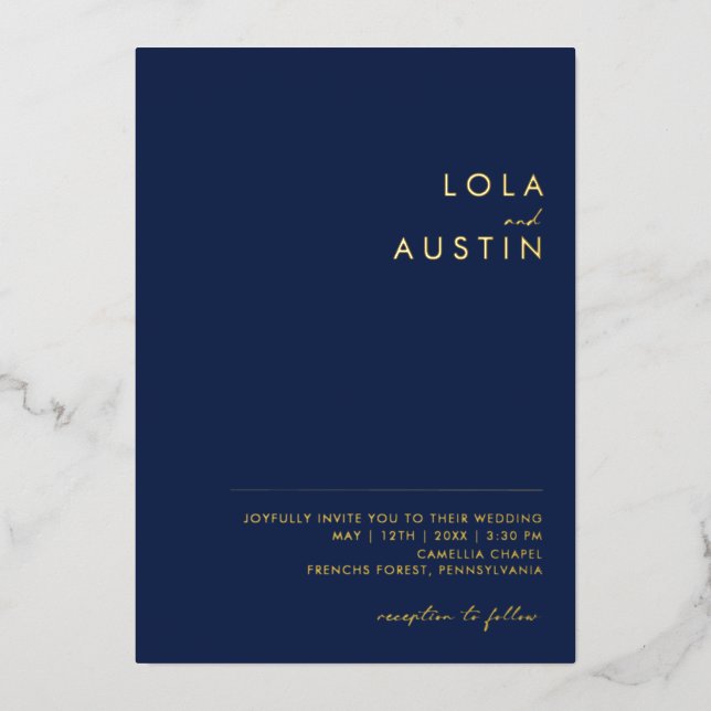 Invitación Con Relieve Metalizado Mínimo moderno | Naval Y Boda Casual De Oro Real (Anverso)