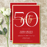 Invitación Con Relieve Metalizado Mínimo Moderno Rojo Cincuenta Guiones Cumpleaños<br><div class="desc">Moderna y moda, esta invitación de cumpleaños combina el clásico rojo y blanco con acentos de verdadero Relieve metalizado de oro. Su diseño mínimo es un diseño simple y divertido para celebrar el cumpleaños del hito. Esta versión de la tarjeta tiene un extravagante punto de polka pequeño. Creado por Simply...</div>