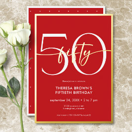 Invitación Con Relieve Metalizado Mínimo Moderno Rojo Cincuenta Guiones Cumpleaños