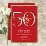 Invitación Con Relieve Metalizado Mínimo Moderno Rojo Cincuenta Guiones Cumpleaños<br><div class="desc">Moderna y moda,  esta invitación de cumpleaños combina el clásico rojo y blanco con acentos de verdadero Relieve metalizado de oro. Su diseño mínimo es un diseño simple y divertido para celebrar el cumpleaños del hito. Creado por Simply Farmhouse Press.</div>