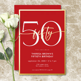 Invitación Con Relieve Metalizado Mínimo Moderno Rojo Cincuenta Guiones Cumpleaños