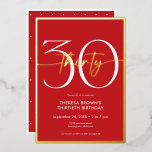 Invitación Con Relieve Metalizado Mínimo Moderno Rojo Treinta Guiones Cumpleaños<br><div class="desc">Moderna y moda, esta invitación de cumpleaños combina el clásico rojo y blanco con acentos de verdadero Relieve metalizado de oro. Su diseño mínimo es un diseño simple y divertido para celebrar el cumpleaños del hito. Esta versión de la tarjeta tiene un extravagante punto de polka pequeño. Creado por Simply...</div>
