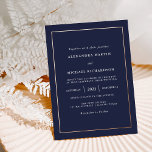 Invitación Con Relieve Metalizado Mínimo moderno | Rosa de Boda de Fronteras Relieve<br><div class="desc">Estas invitaciones de boda modernas y elegantes presentan un texto blanco sobre un fondo azul oscuro y medianoche,  con un borde de Relieve metalizado dorado subió.</div>