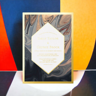 Invitación Con Relieve Metalizado Mínimo Terracota Negra Resumen Boda de Arte Oro