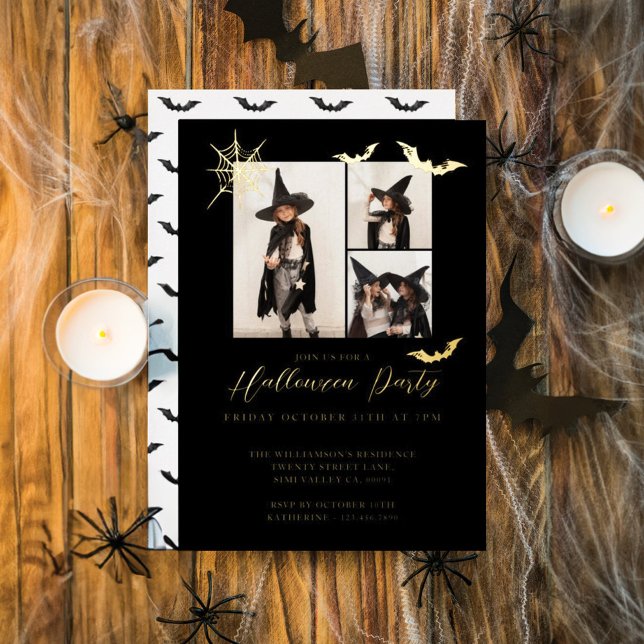 Invitación Con Relieve Metalizado Mínimo Tres Fotos Festejan Fiesta Halloween (Minimal Three Photo Spooky Bats Halloween Party Foil Invitation)