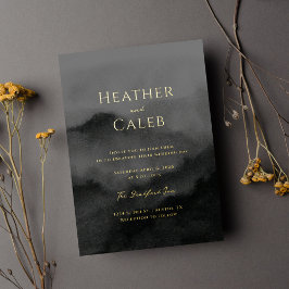 Invitación Con Relieve Metalizado Ministy Mountain Black Watercolor y Boda Gold