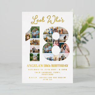 Invitación Con Relieve Metalizado Mira quién cumple 18 Collage de fotos cumpleaños d