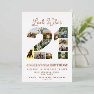 Invitación Con Relieve Metalizado mira quién cumple 21 Collage de fotos señal de fel