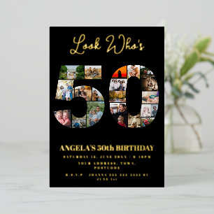 Invitación Con Relieve Metalizado mira quién cumple 50 feliz cumpleaños número 50 Co