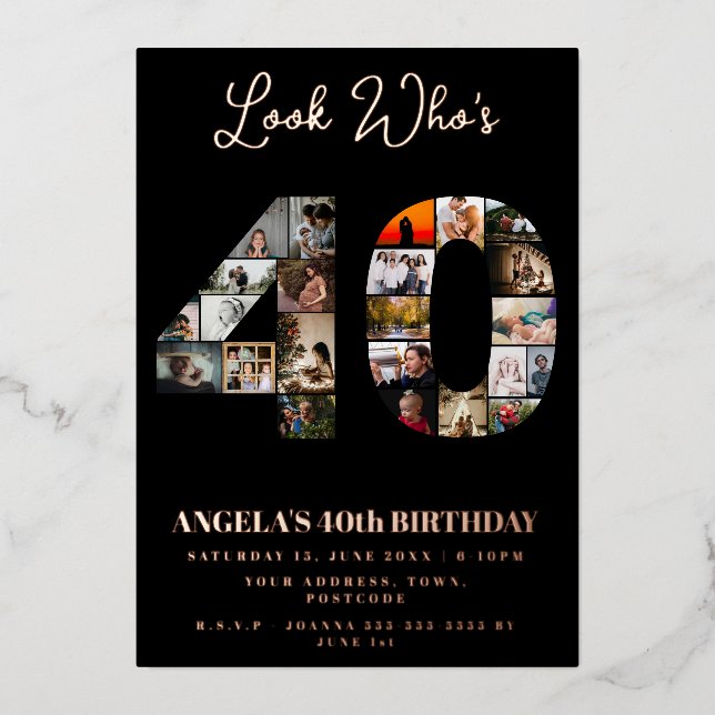 Invitación Con Relieve Metalizado mira quién ha cumplido 40 años de edad Fotomontaje (Anverso)